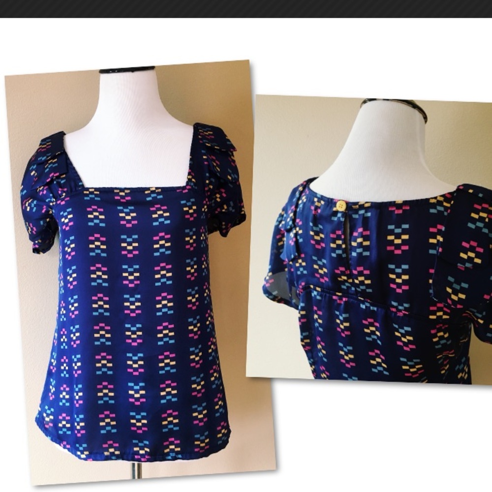 Tulle Blue Geo Print Square Neck Bow Shoulder Top